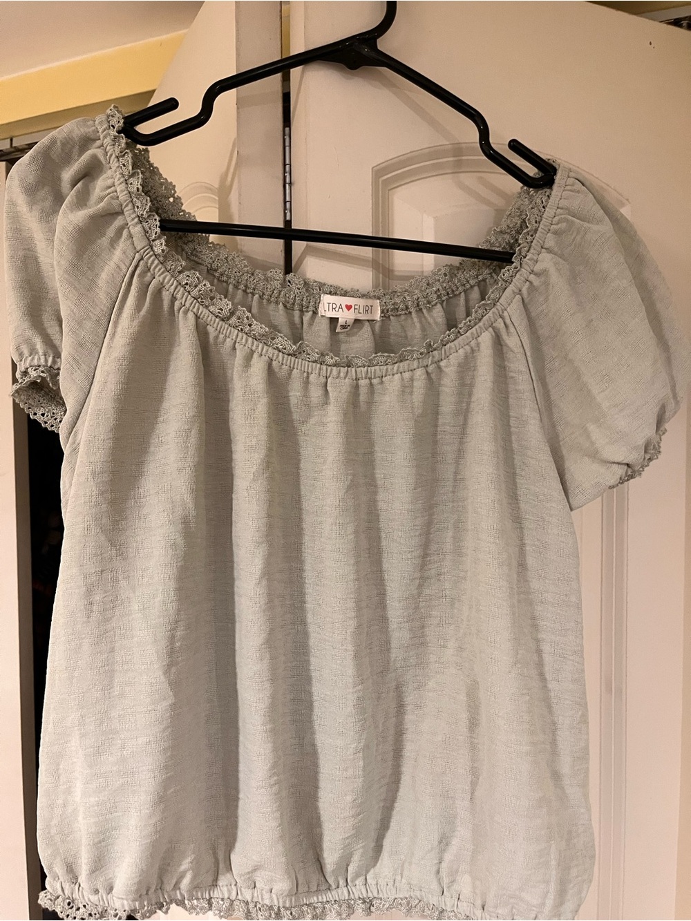 Ultra Flirt Sage Green Puff Sleeve Peasant Top